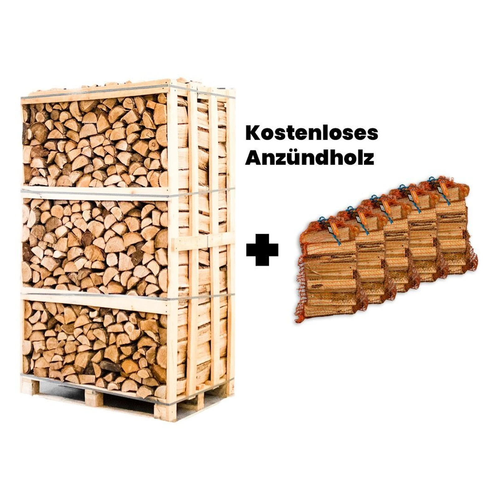 Palette Eiche Brennholz 25cm + 5 Netzsäcke Anzündholz gratis